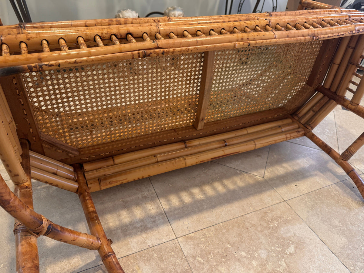 Vintage Brighton Pavilion Style Burnt Bamboo & Cane Settee Bench, c. 1970s