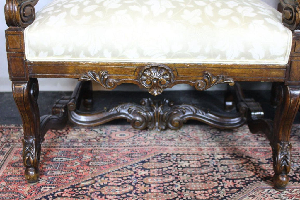 Antique French  Louis XIV Style Carved Walnut Ivory White Arm Chairs - Set of 2