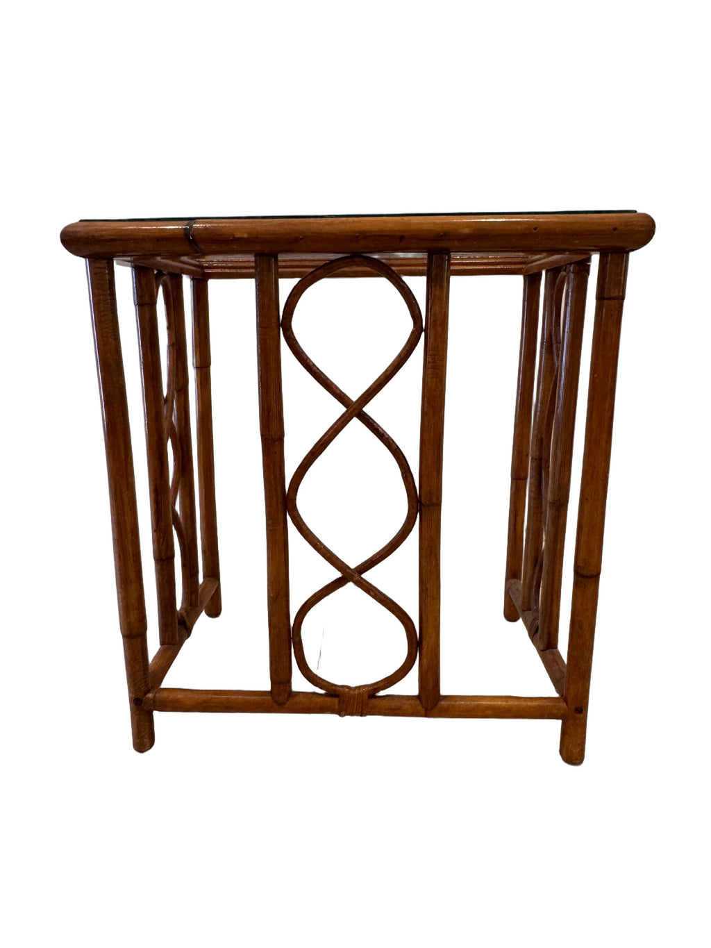 Vintage Burnt Bamboo Rattan Nesting Tables with Glass Tops, Set of 3, c. 1970s