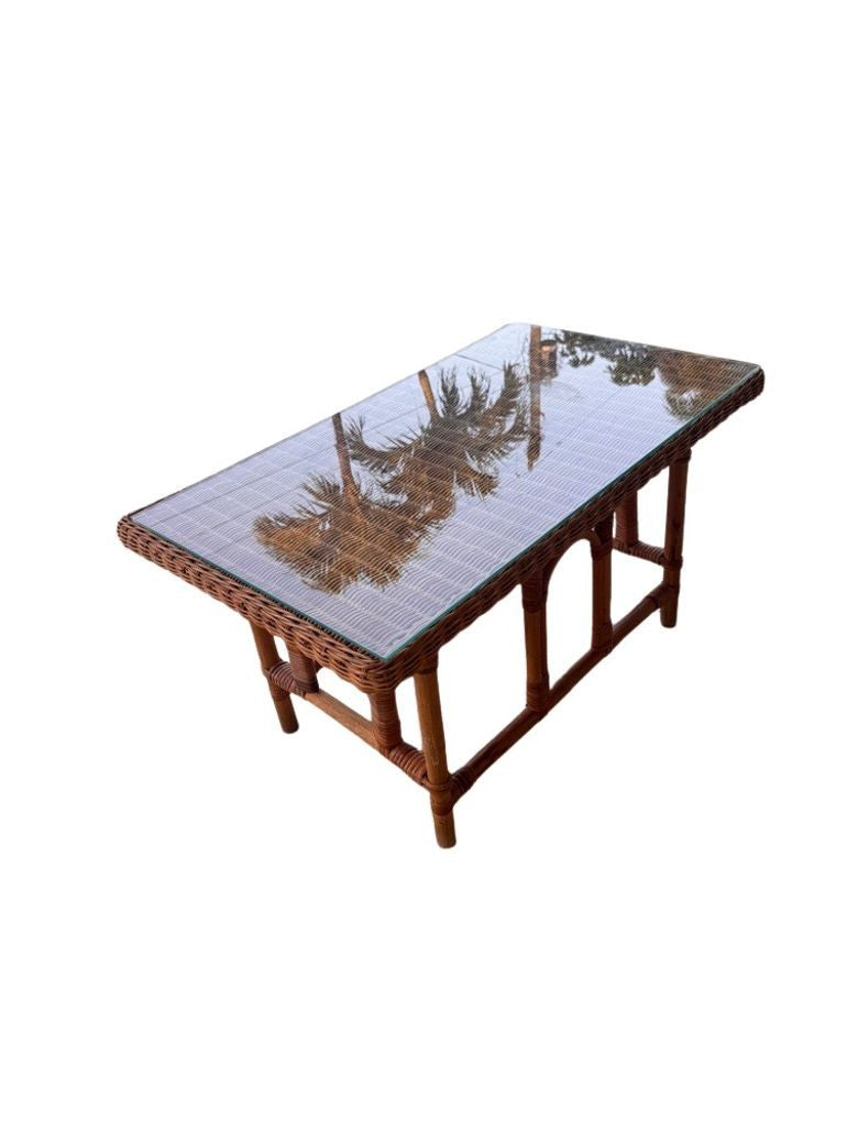Vintage MCM Wicker Rattan Coffee Table with Glass Top