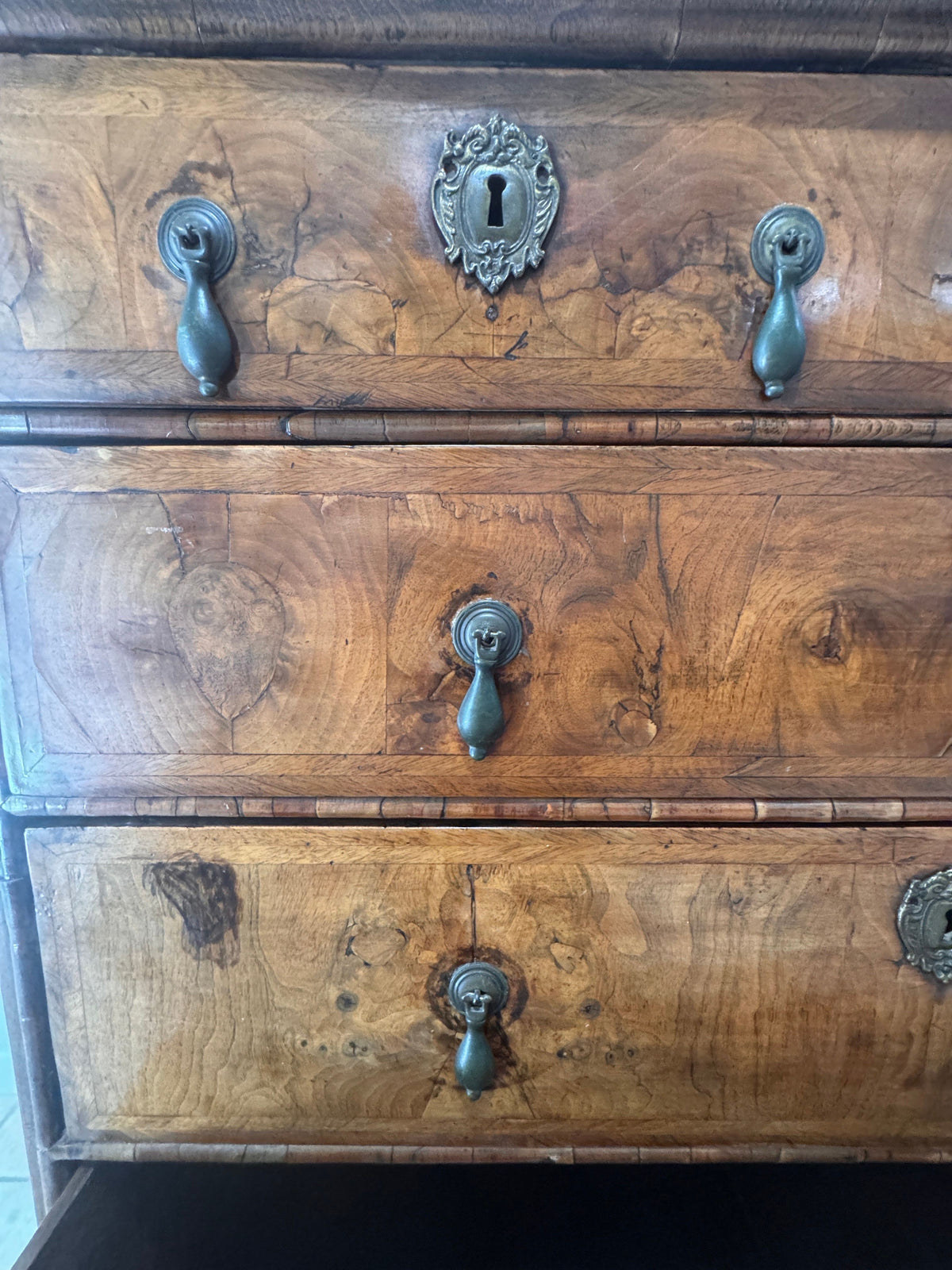 Antique William and Mary Burl Walnut Chest on Stand with Original Bronze Hardware and Cannonball Feet, Late 17th Century