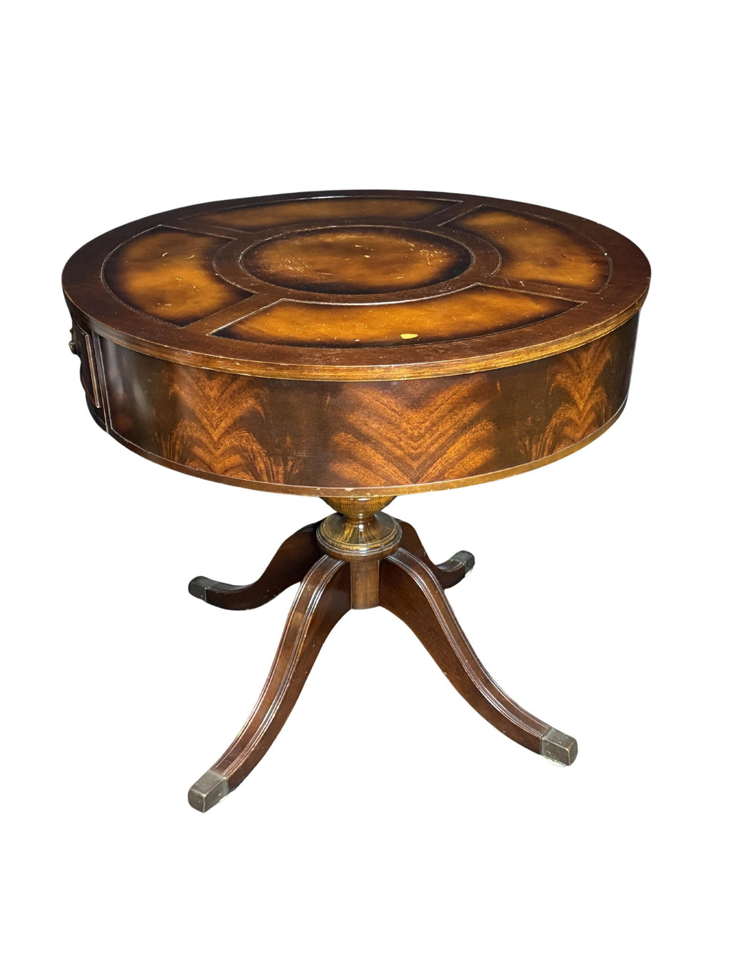 Antique Duncan Phyfe Style Mahogany Drum Center Table with Gold-Tooled Leather Top, Early 20th Century