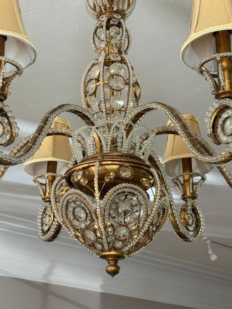 Vintage 1960s Regency Six Arm Chandelier with Gilt Iron and Crystal Beads