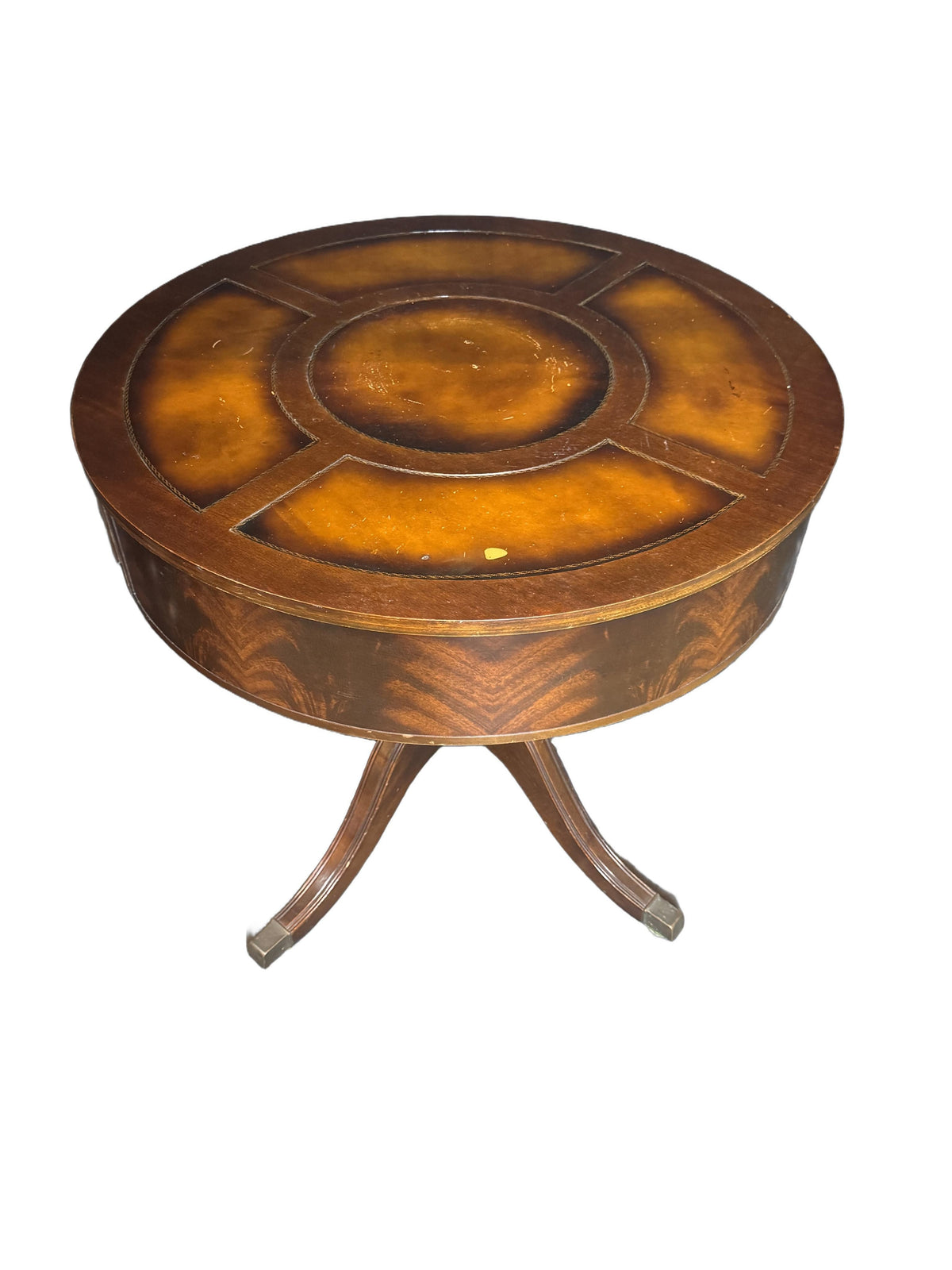 Antique Duncan Phyfe Style Mahogany Drum Center Table with Gold-Tooled Leather Top, Early 20th Century