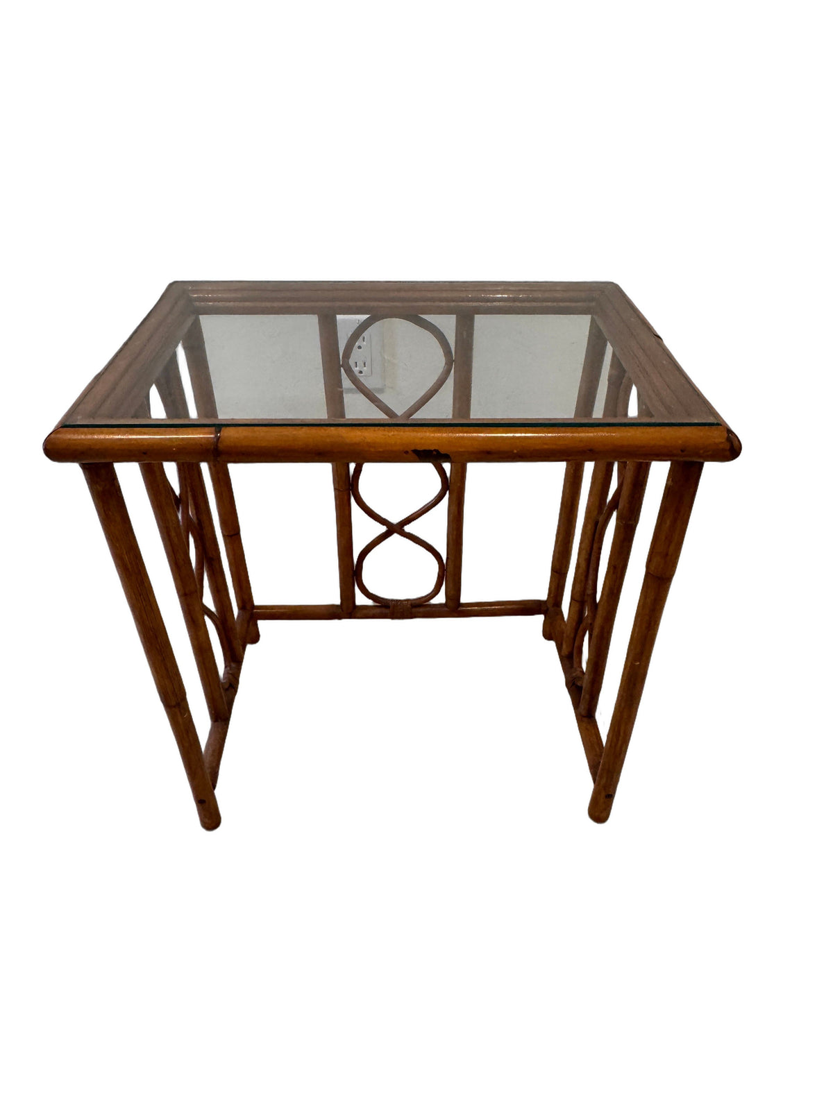 Vintage Burnt Bamboo Rattan Nesting Tables with Glass Tops, Set of 3, c. 1970s