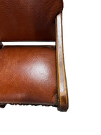 Antique Brown Leather Armchairs with Nailhead Details, Bobbin-Turned Legs, and Scrolled Arms- Set of 2, c. Early 1900s