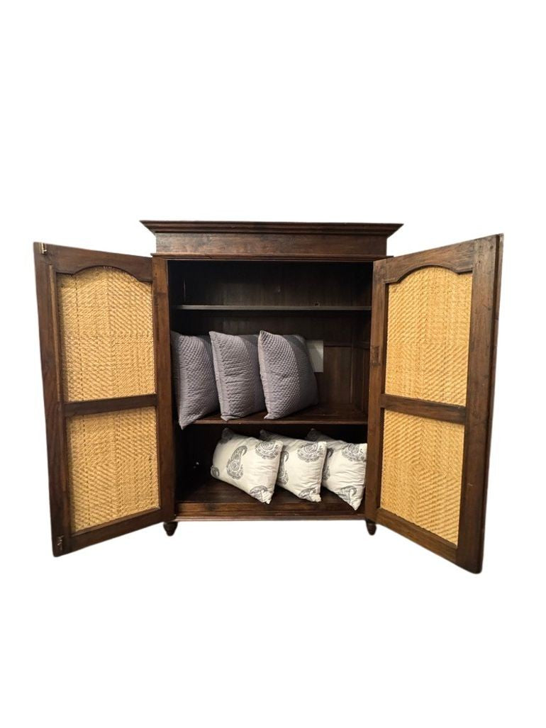 Vintage Indonesian Armoire with Natural Rattan Door Panels, c. 1990s