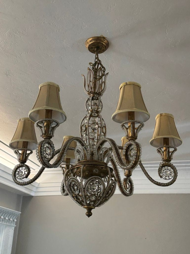 Vintage 1960s Regency Six Arm Chandelier with Gilt Iron and Crystal Beads