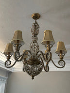 Vintage 1960s Regency Six Arm Chandelier with Gilt Iron and Crystal Beads