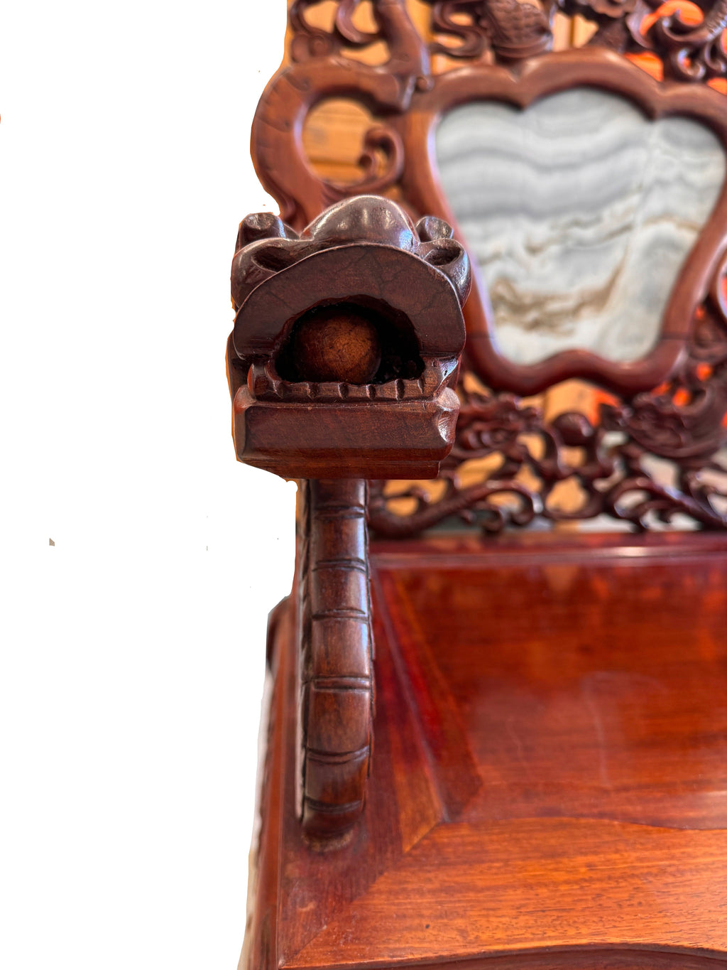 Antique Chinese Rosewood Dragon Armchair – Peranakan Style Carved Chair with Marble Insert, c. late 19th or early 20th century