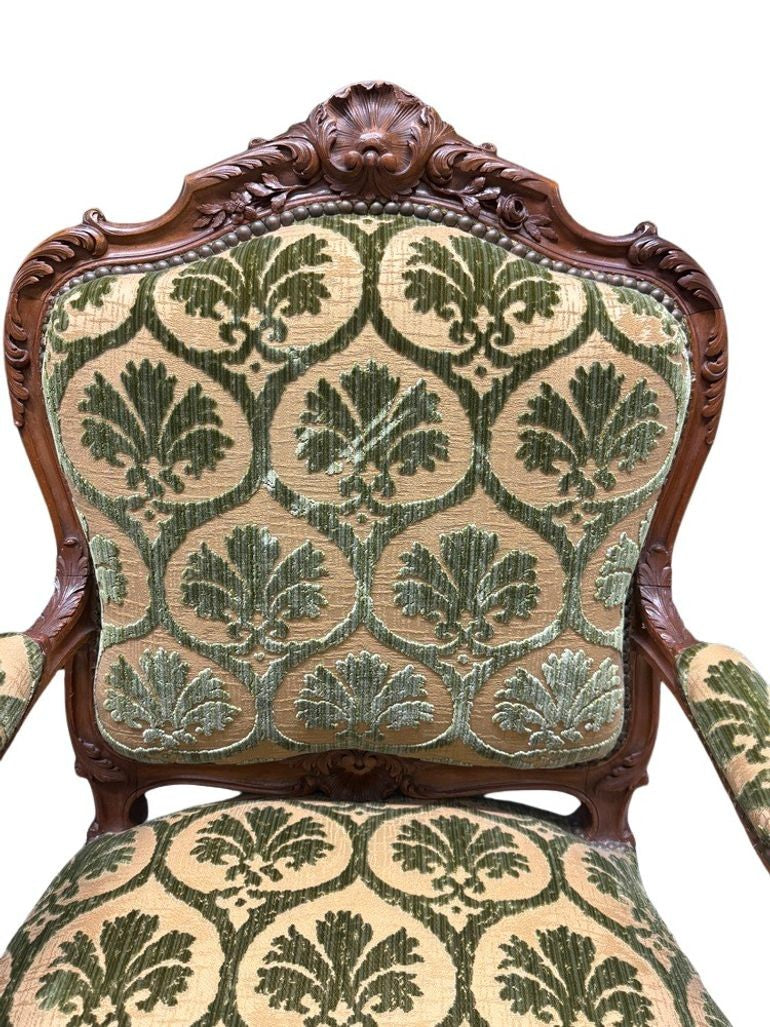 Antique French Louis XV Style Carved Walnut Bergere Armchairs with Green and Gold Damask and Nail head Details - Set of Two