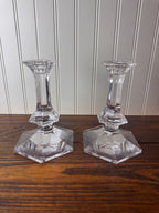 Val Saint-Lambert Signed Belgian Crystal Candlesticks, Pair, Sizes Vary, Late 20th Century