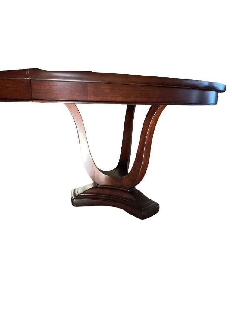 Thomasville Lumine Collection Dining Table with Double Pedestal, 8 Upholstered Chairs and Three Leaf Extension