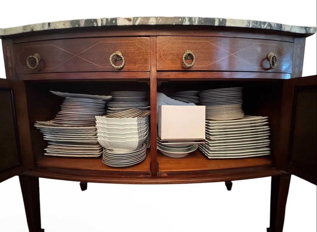 Antique French Louis XVI Demilune Mahogany  Calacatta Viola Marble Top Buffet Sideboard Credenza