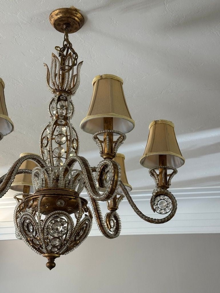 Vintage 1960s Regency Six Arm Chandelier with Gilt Iron and Crystal Beads
