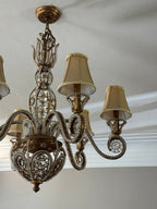 Vintage 1960s Regency Six Arm Chandelier with Gilt Iron and Crystal Beads