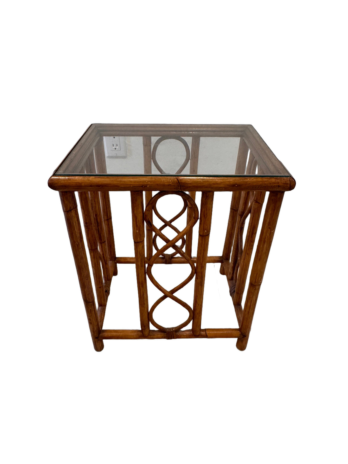 Vintage Burnt Bamboo Rattan Nesting Tables with Glass Tops, Set of 3, c. 1970s