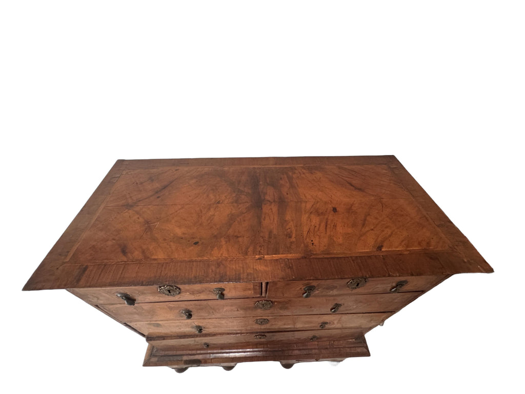 Antique William and Mary Burl Walnut Chest on Stand with Original Bronze Hardware and Cannonball Feet, Late 17th Century