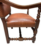 Antique Brown Leather Armchairs with Nailhead Details, Bobbin-Turned Legs, and Scrolled Arms- Set of 2, c. Early 1900s
