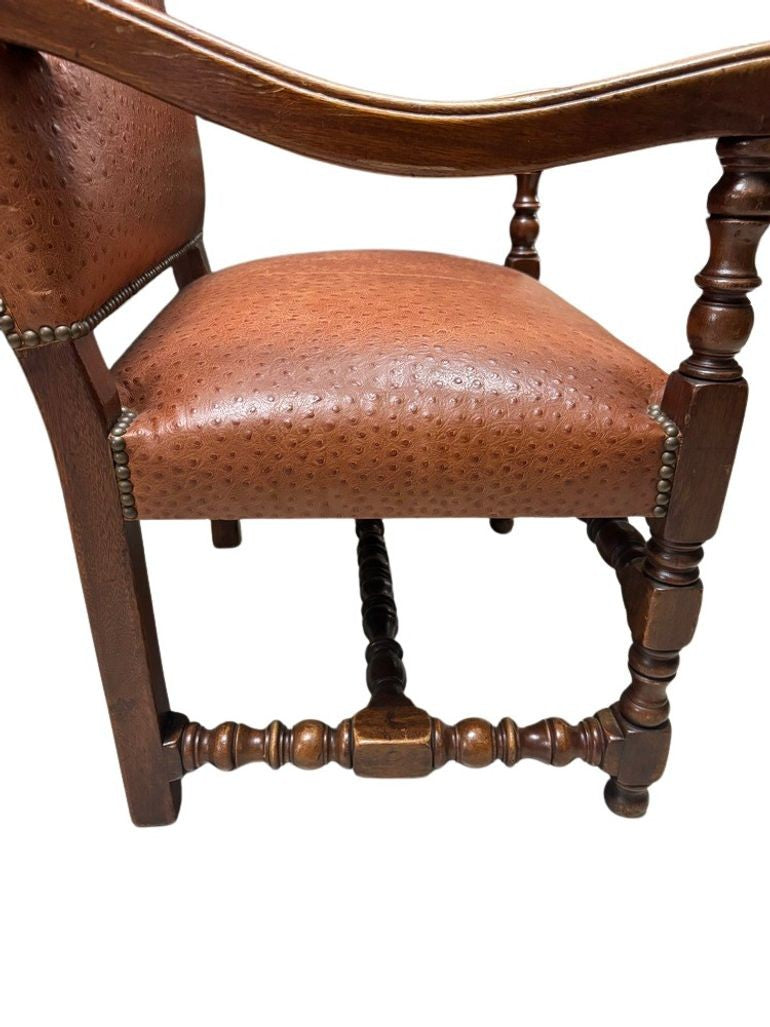 Antique Brown Leather Armchairs with Nailhead Details, Bobbin-Turned Legs, and Scrolled Arms- Set of 2, c. Early 1900s