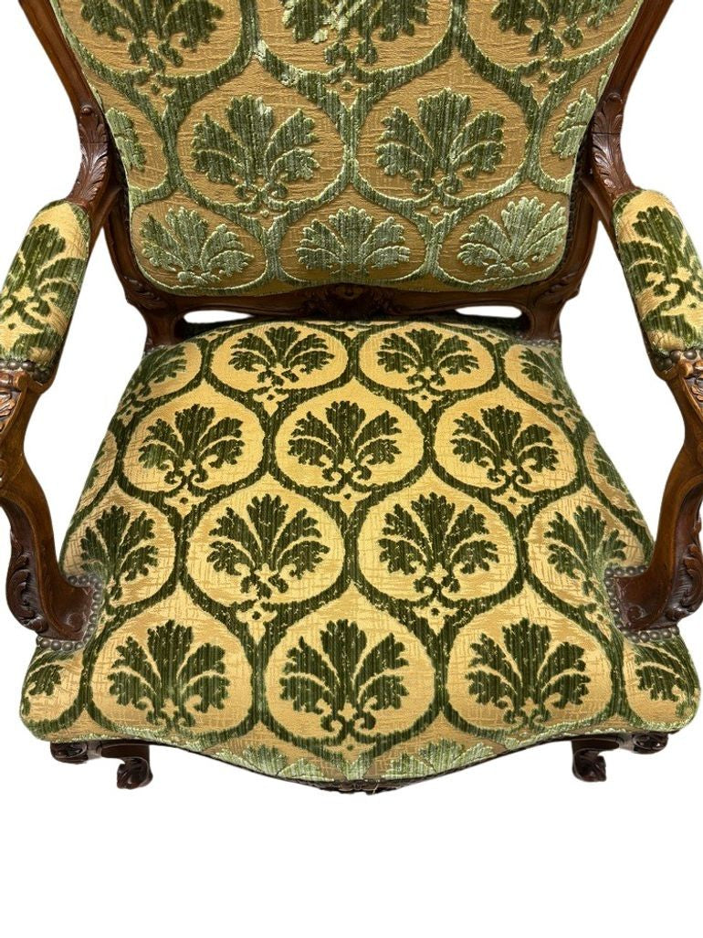 Antique French Louis XV Style Carved Walnut Bergere Armchairs with Green and Gold Damask and Nail head Details - Set of Two