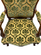 Antique French Louis XV Style Carved Walnut Bergere Armchairs with Green and Gold Damask and Nail head Details - Set of Two
