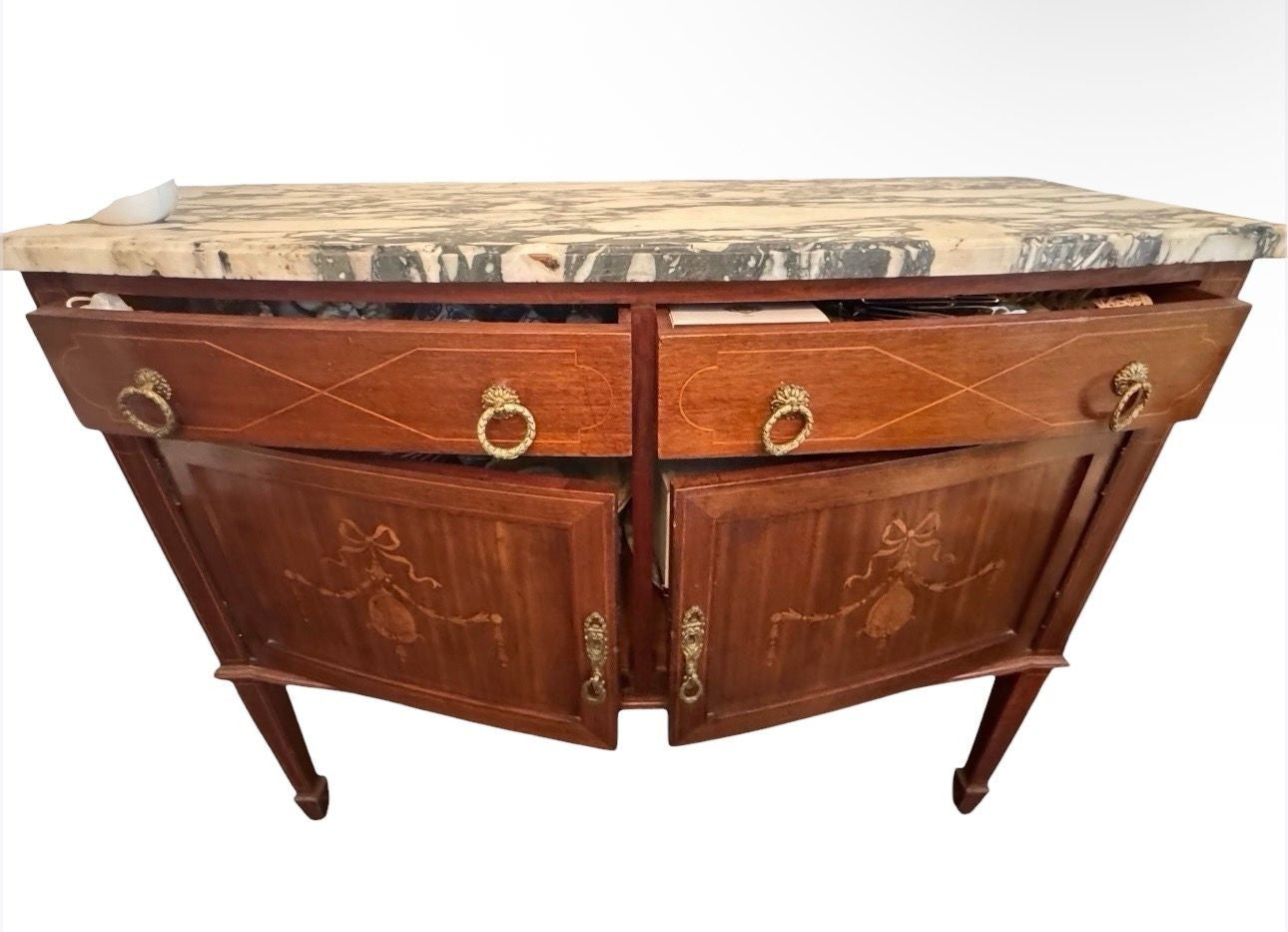 Antique French Louis XVI Demilune Mahogany  Calacatta Viola Marble Top Buffet Sideboard Credenza