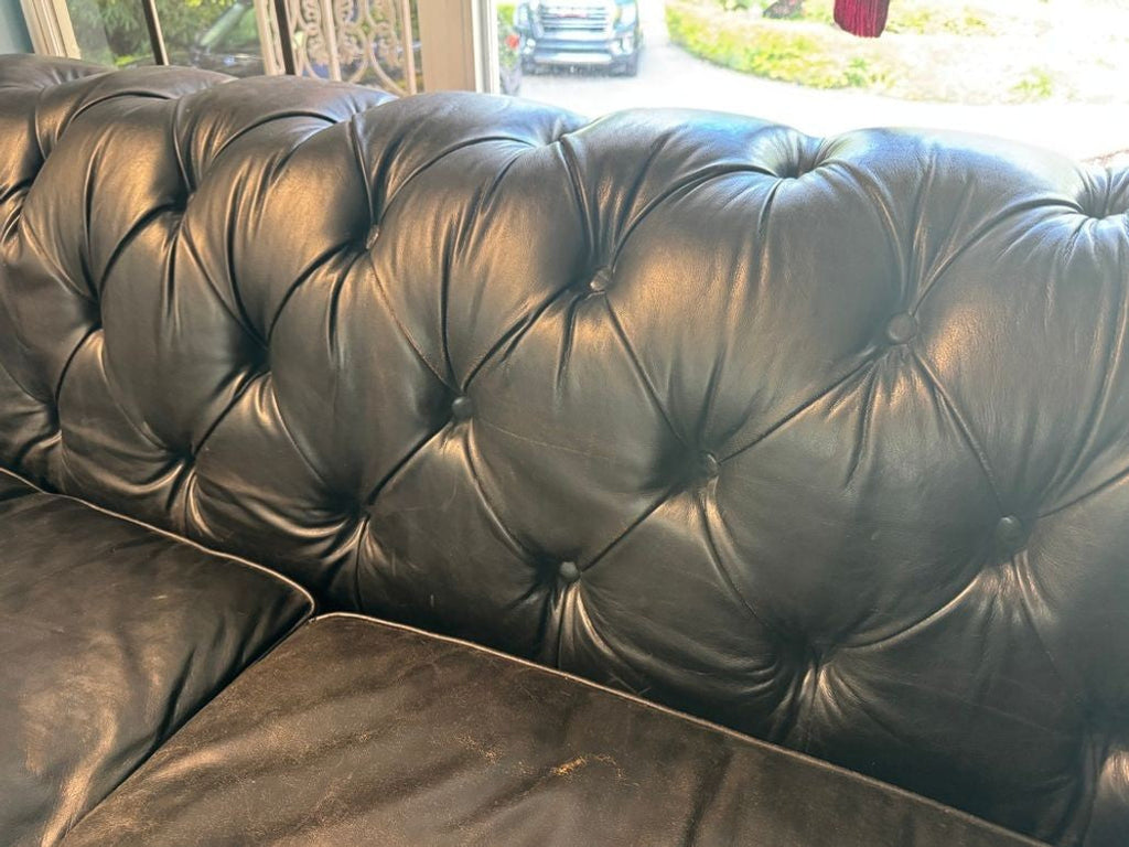 Restoration Hardware Kensington Ebony Leather Sofa with 44” depth and Luxe Down Feather Fill