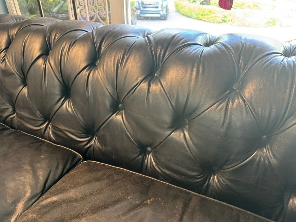 Restoration Hardware Kensington Ebony Leather Sofa with 44” depth and Luxe Down Feather Fill