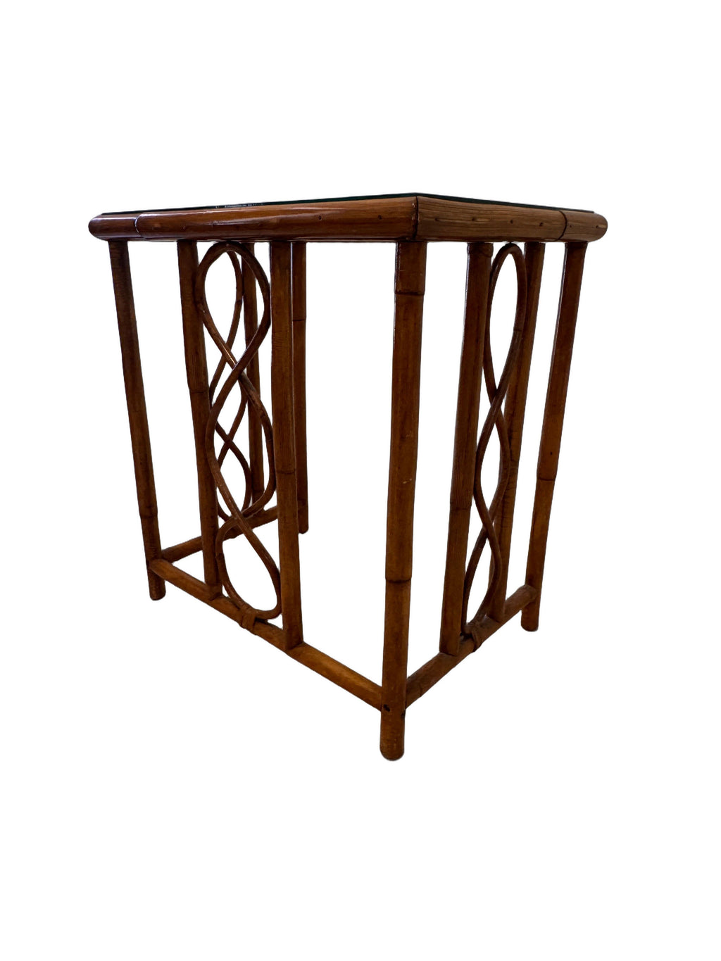 Vintage Burnt Bamboo Rattan Nesting Tables with Glass Tops, Set of 3, c. 1970s