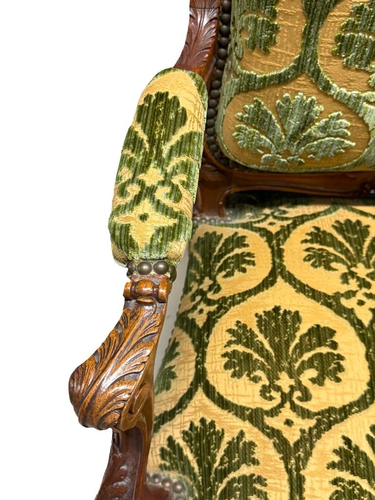 Antique French Louis XV Style Carved Walnut Bergere Armchairs with Green and Gold Damask and Nail head Details - Set of Two