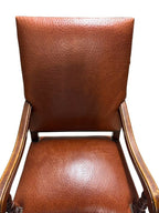 Antique Brown Leather Armchairs with Nailhead Details, Bobbin-Turned Legs, and Scrolled Arms- Set of 2, c. Early 1900s