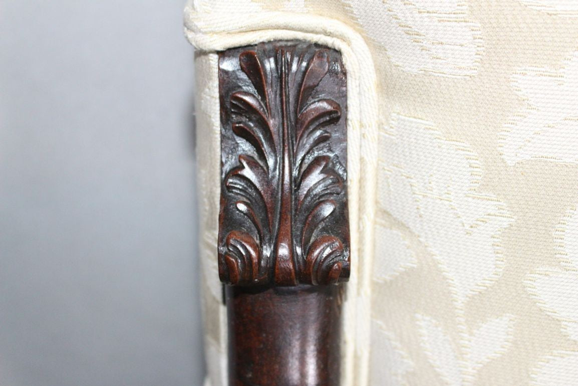 Antique French  Louis XIV Style Carved Walnut Ivory White Arm Chairs - Set of 2