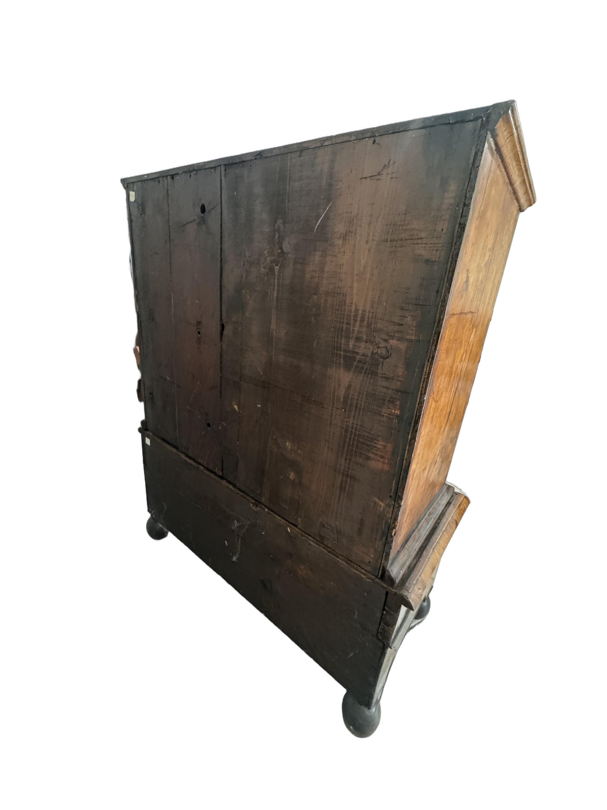 Antique William and Mary Burl Walnut Chest on Stand with Original Bronze Hardware and Cannonball Feet, Late 17th Century