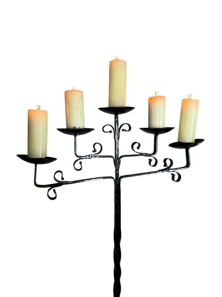 Antique Wrought Iron Floor Candelabras - Holds Five Candles - Set of 2