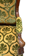 Antique French Louis XV Style Carved Walnut Bergere Armchairs with Green and Gold Damask and Nail head Details - Set of Two