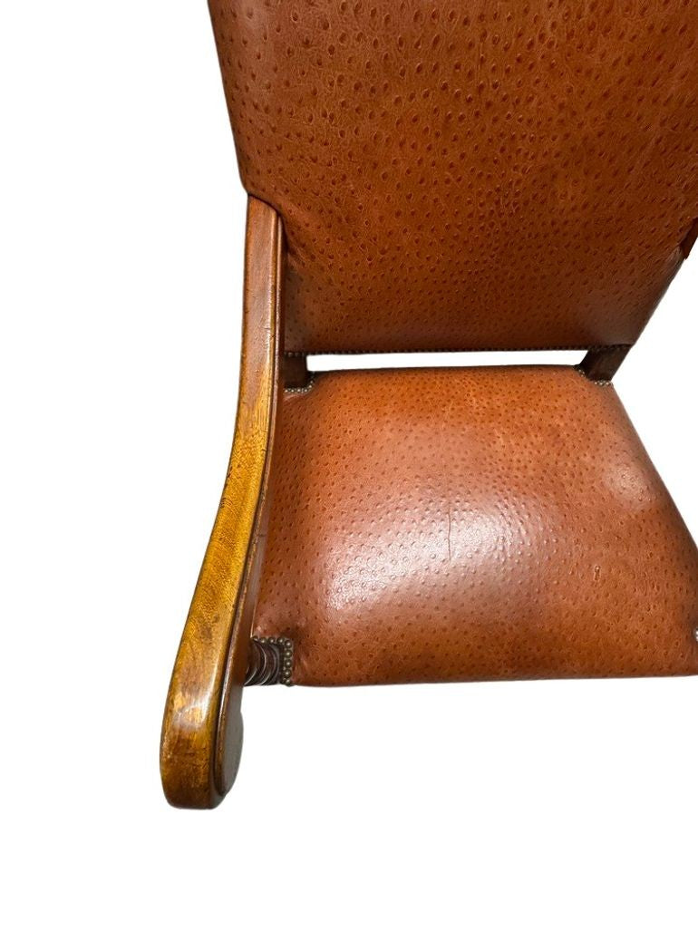 Antique Brown Leather Armchairs with Nailhead Details, Bobbin-Turned Legs, and Scrolled Arms- Set of 2, c. Early 1900s