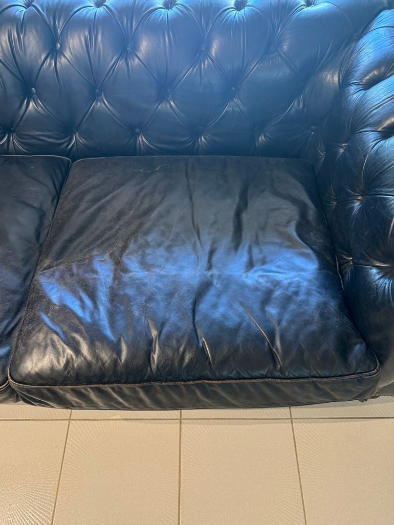 Restoration Hardware Kensington Ebony Leather Sofa with 44” depth and Luxe Down Feather Fill