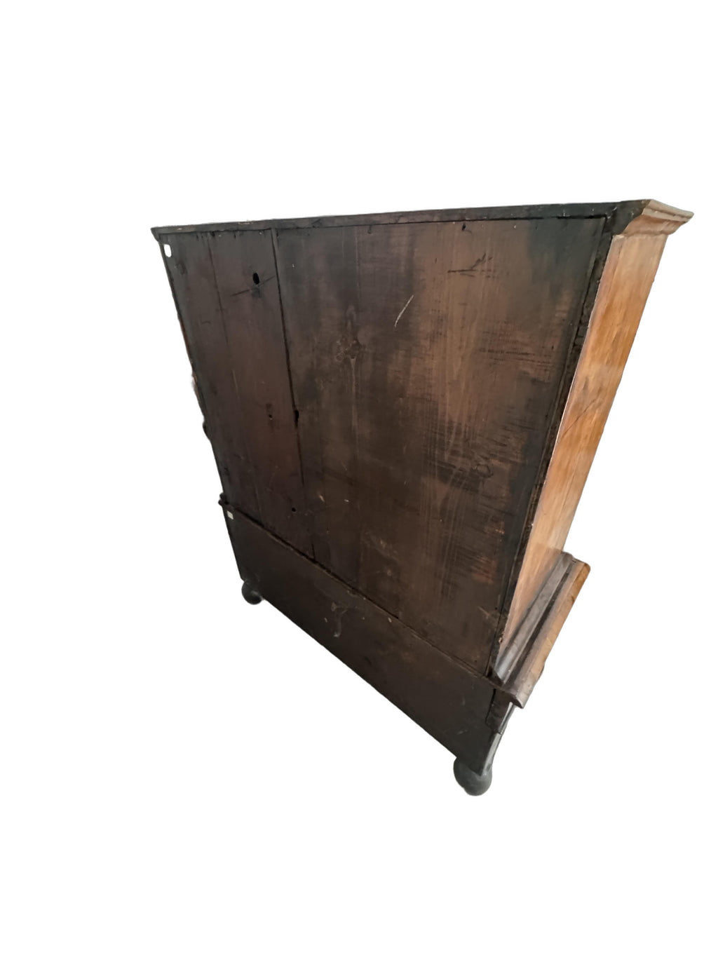 Antique William and Mary Burl Walnut Chest on Stand with Original Bronze Hardware and Cannonball Feet, Late 17th Century
