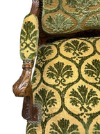 Antique French Louis XV Style Carved Walnut Bergere Armchairs with Green and Gold Damask and Nail head Details - Set of Two