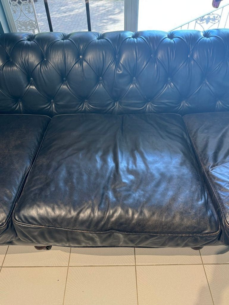 Restoration Hardware Kensington Ebony Leather Sofa with 44” depth and Luxe Down Feather Fill