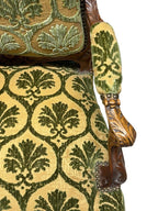 Antique French Louis XV Style Carved Walnut Bergere Armchairs with Green and Gold Damask and Nail head Details - Set of Two