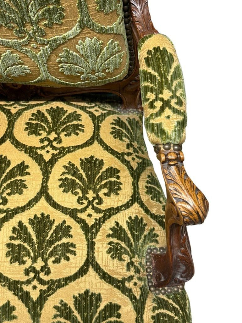 Antique French Louis XV Style Carved Walnut Bergere Armchairs with Green and Gold Damask and Nail head Details - Set of Two