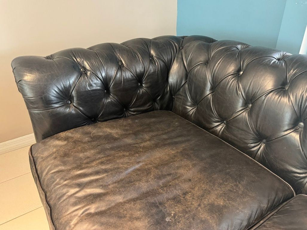 Restoration Hardware Kensington Ebony Leather Sofa with 44” depth and Luxe Down Feather Fill