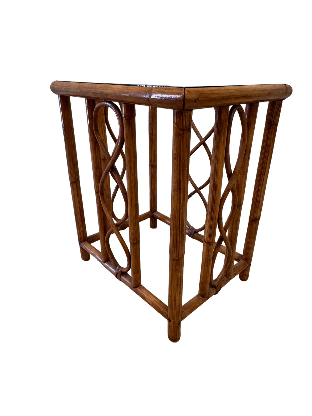 Vintage Burnt Bamboo Rattan Nesting Tables with Glass Tops, Set of 3, c. 1970s