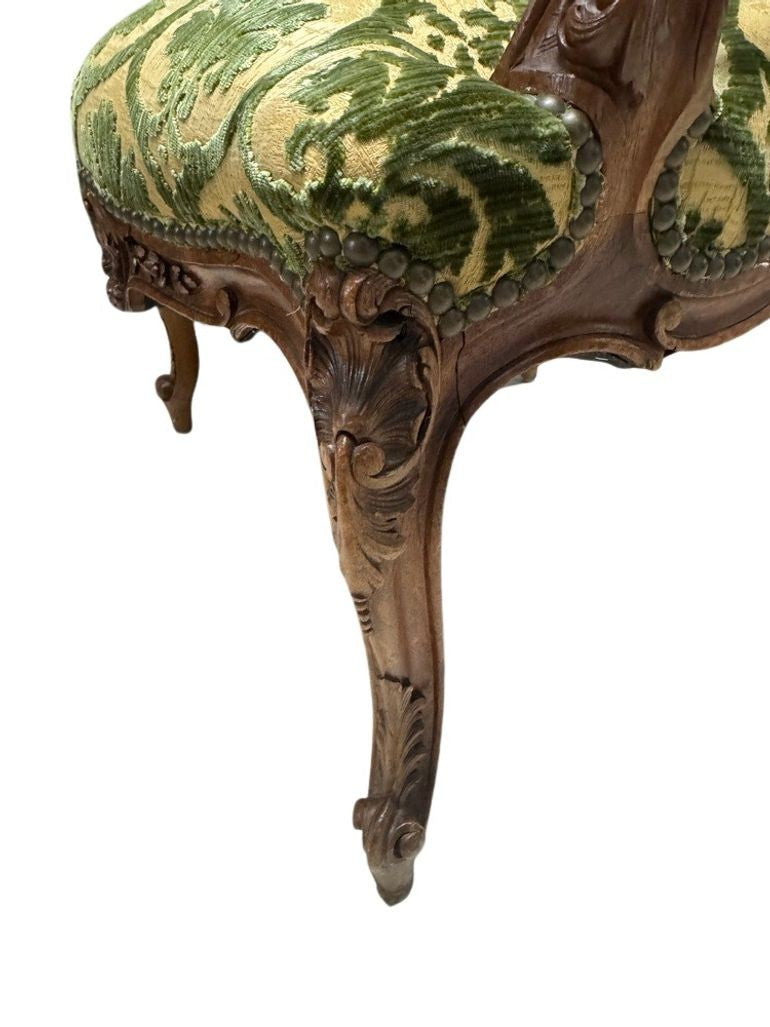 Antique French Louis XV Style Carved Walnut Bergere Armchairs with Green and Gold Damask and Nail head Details - Set of Two