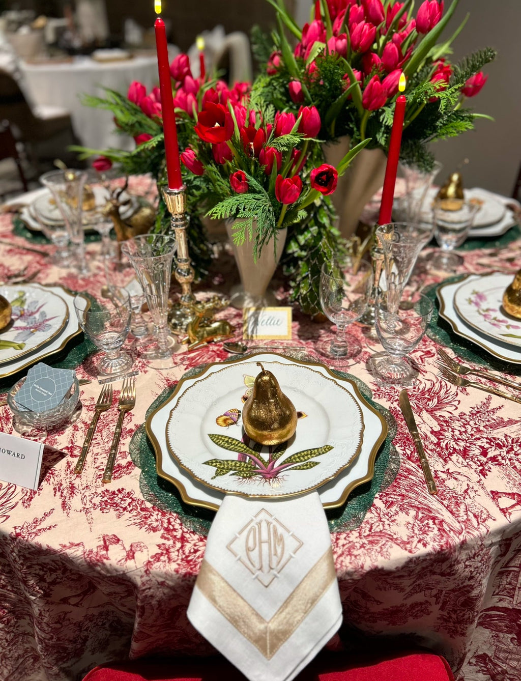 French Toile Tablecloth 120" Round in Red