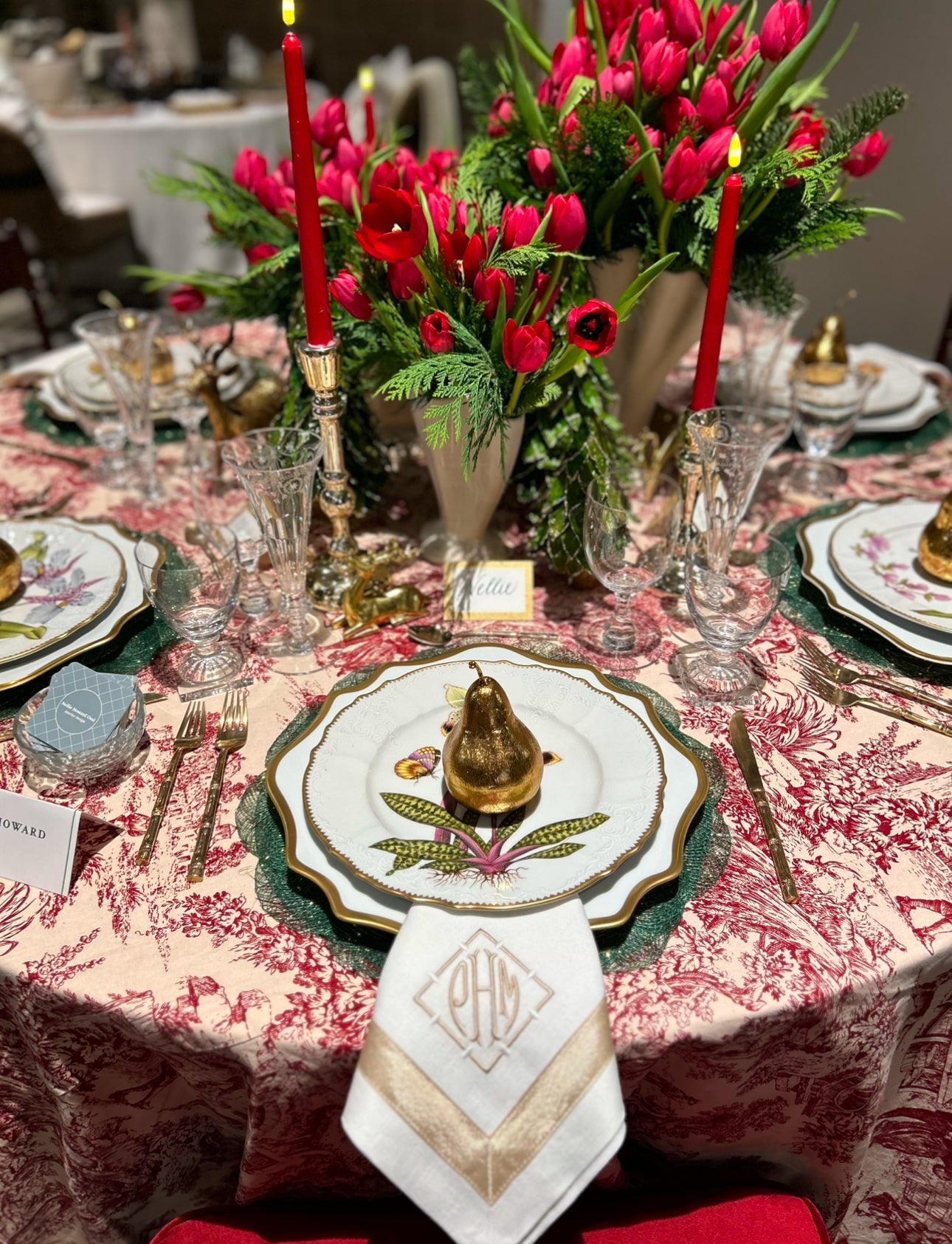 French Toile Tablecloth 120" Round in Red