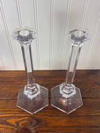 Val Saint-Lambert Signed Belgian Crystal Candlesticks, Pair, Sizes Vary, Late 20th Century