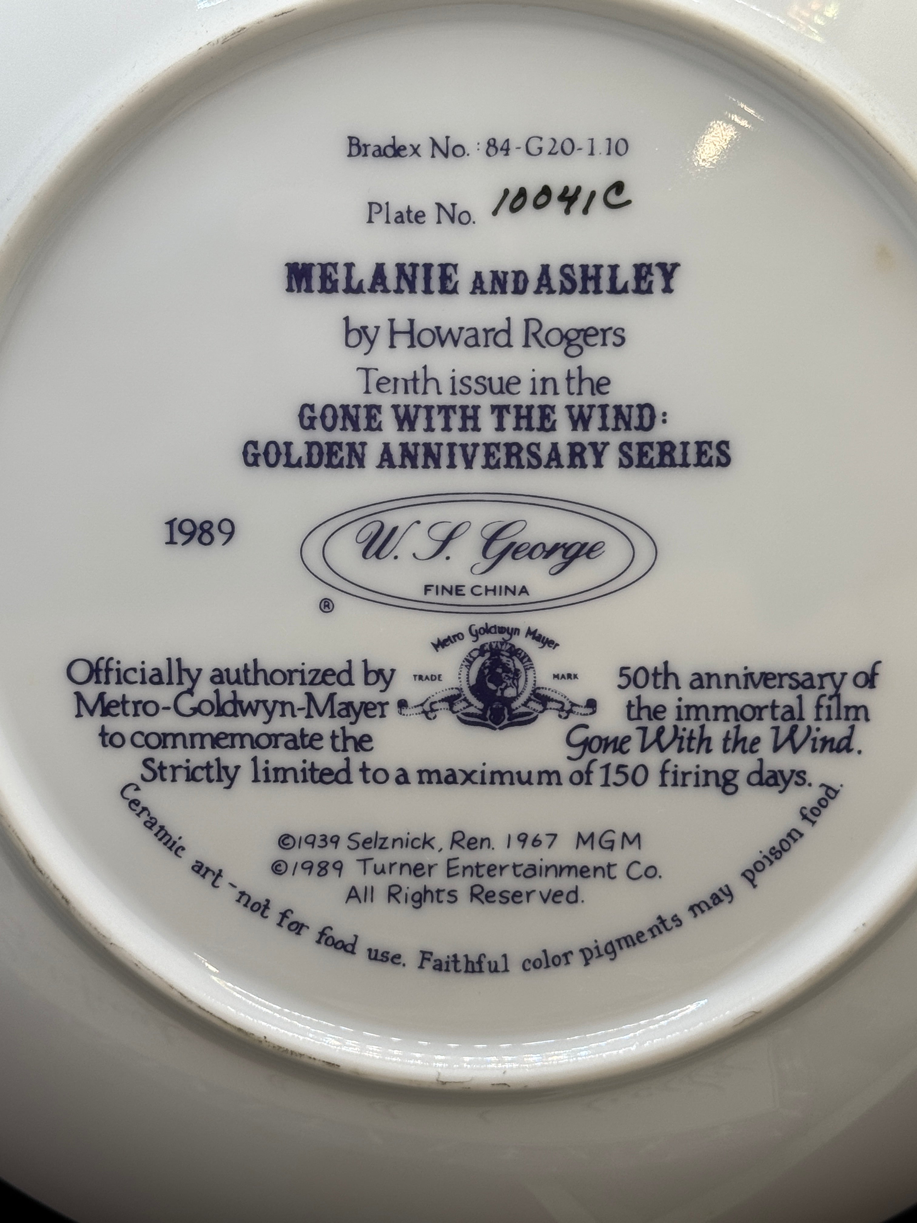 Vintage Gone with the Wind Commemorative Plates with COA - Limited Edition Golden Anniversary Series - by WS George Fine China